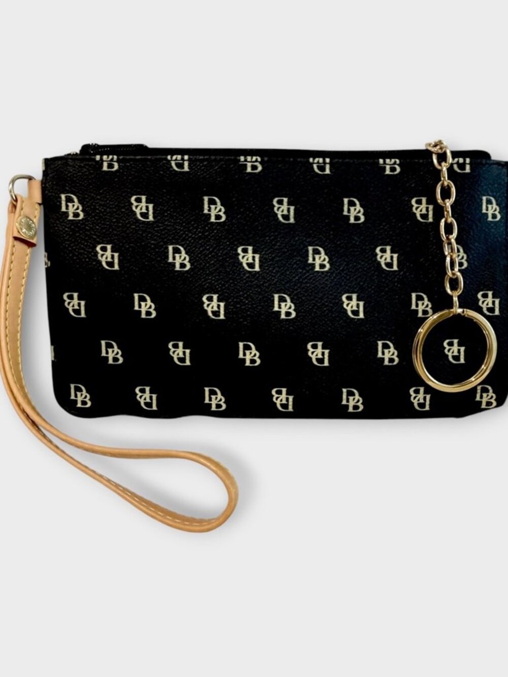 Dooney & Bourke Wristlet Zip Clutch Wallet Purse Black Signature Strap Key Chain
